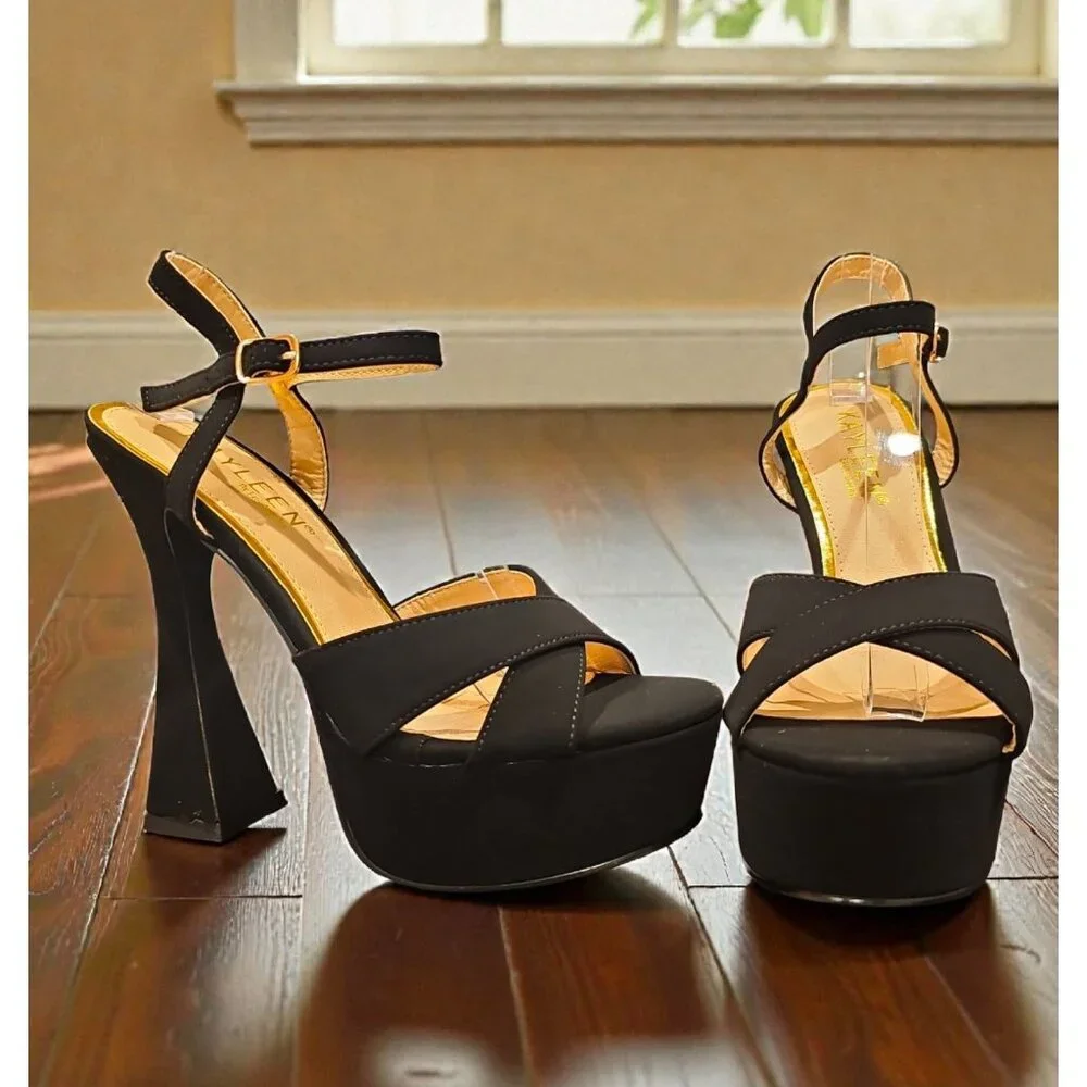 Black Platform High Heel Sandals With Ankle Strap - Picture 6 of 8